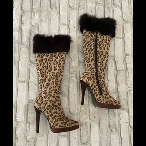 Leopard print high heel boots with fur cuff